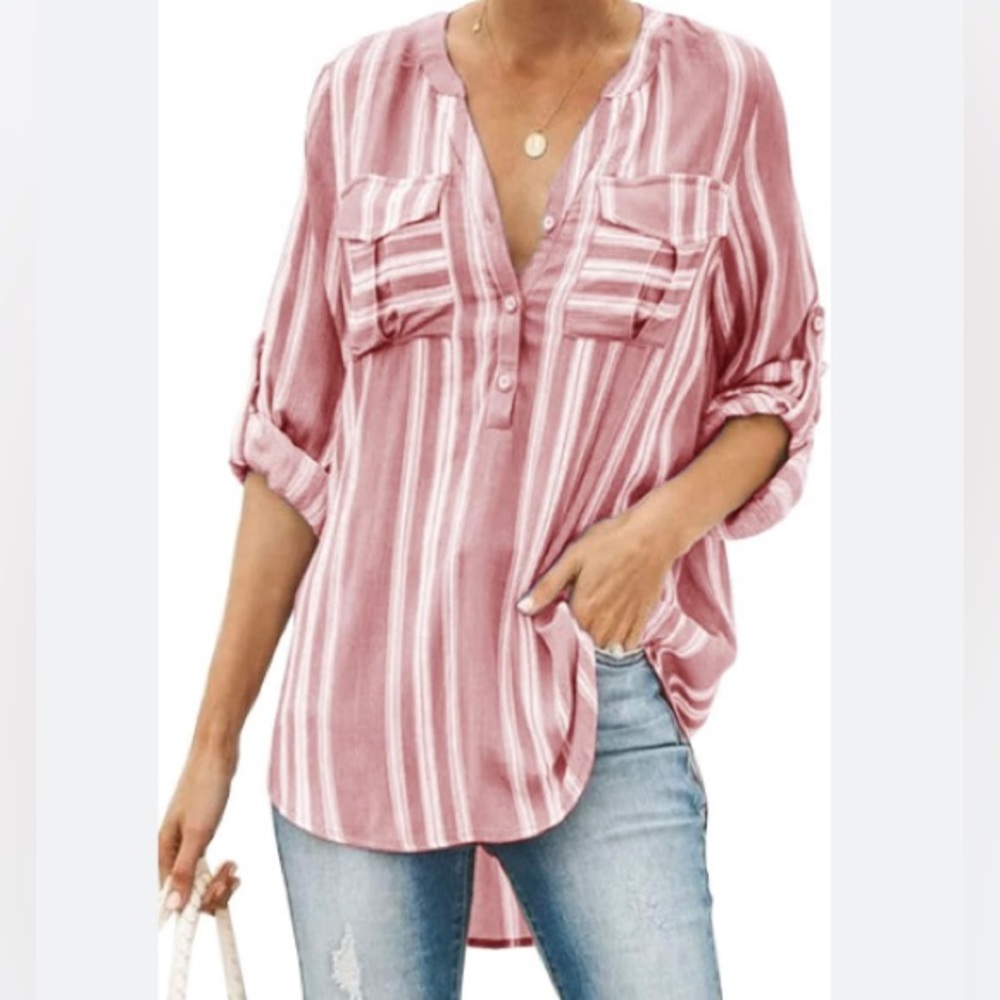 WOMEN'S STRIPED pink SHIRTS long sleeve 95% Polyester Size Small